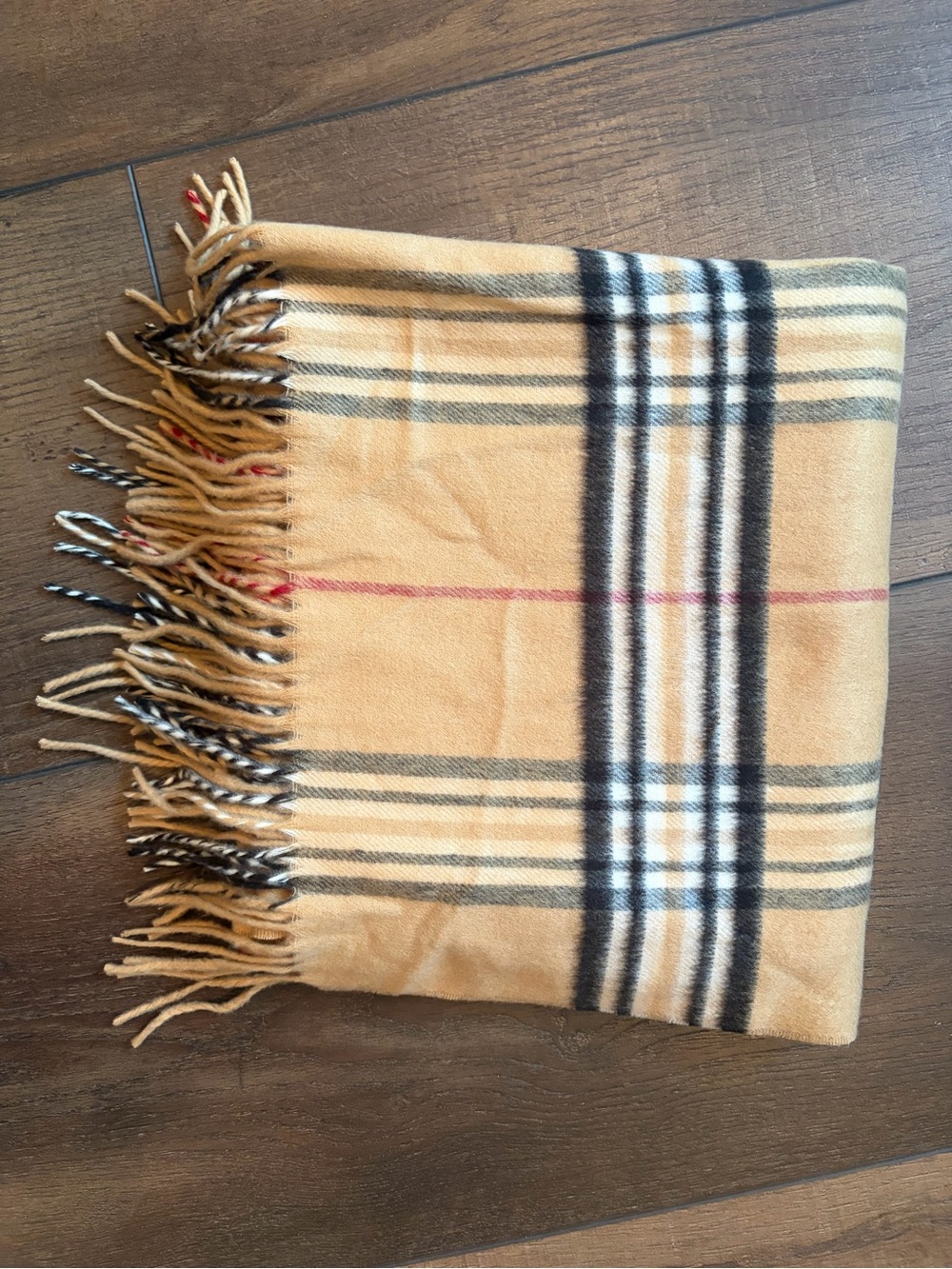 V. FRAAS Camel Plaid Fringe Scarf with Black & Red Accents